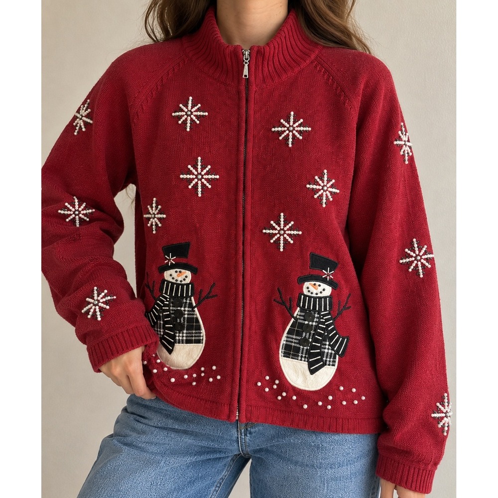 Mandal Bay Red Snowman Beaded Christmas Cardigan Sweater XL Grandmacore